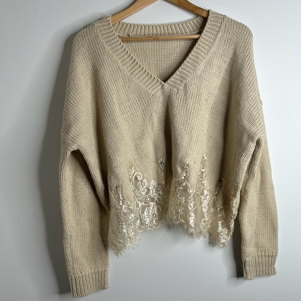 Y2K STORIA Cropped Sweater Size M Beige Lace Cottagecore Boho Festival Coquette